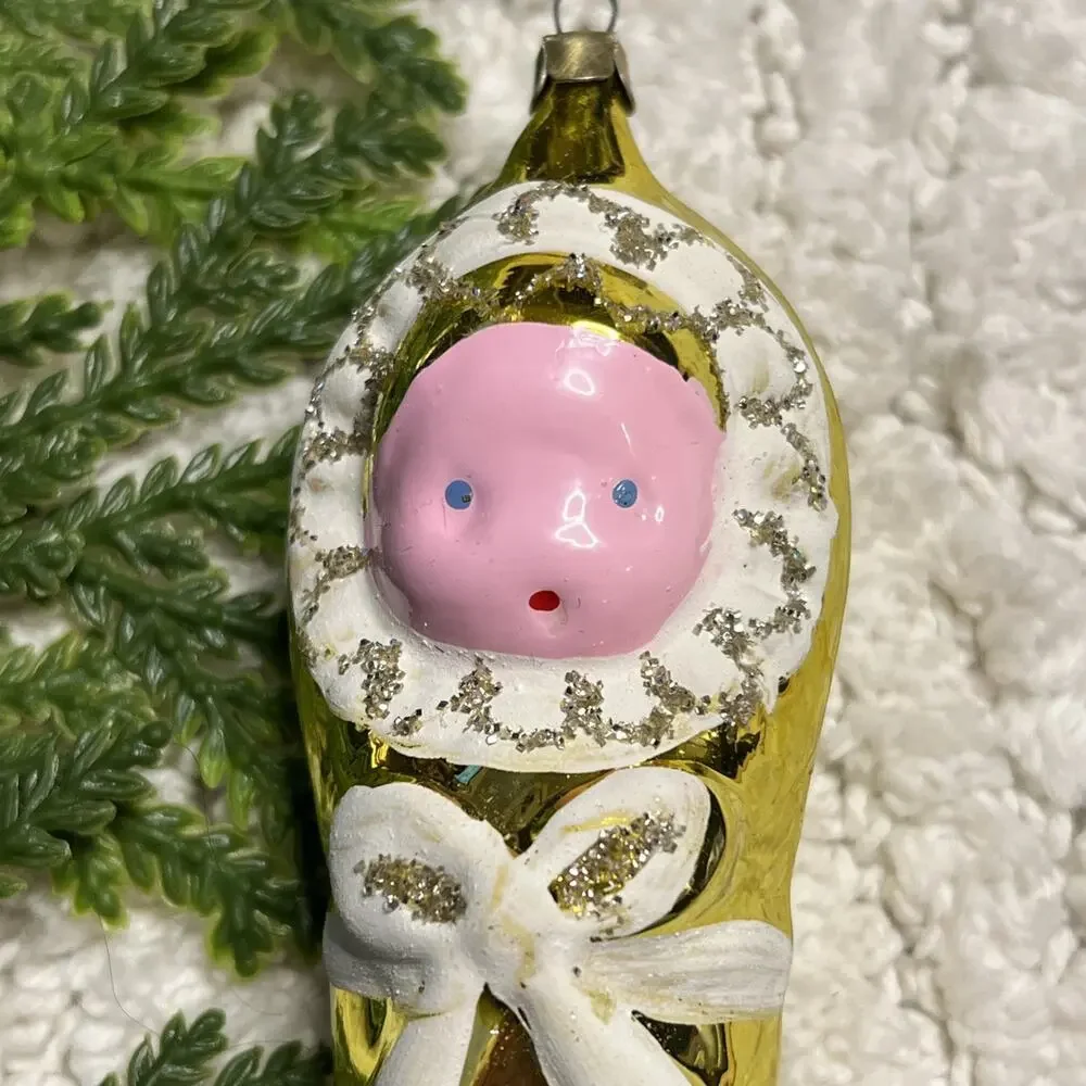 Vintage Hand Blown Glass Baby Swaddled in Blanket Bow Gold Christmas Ornament